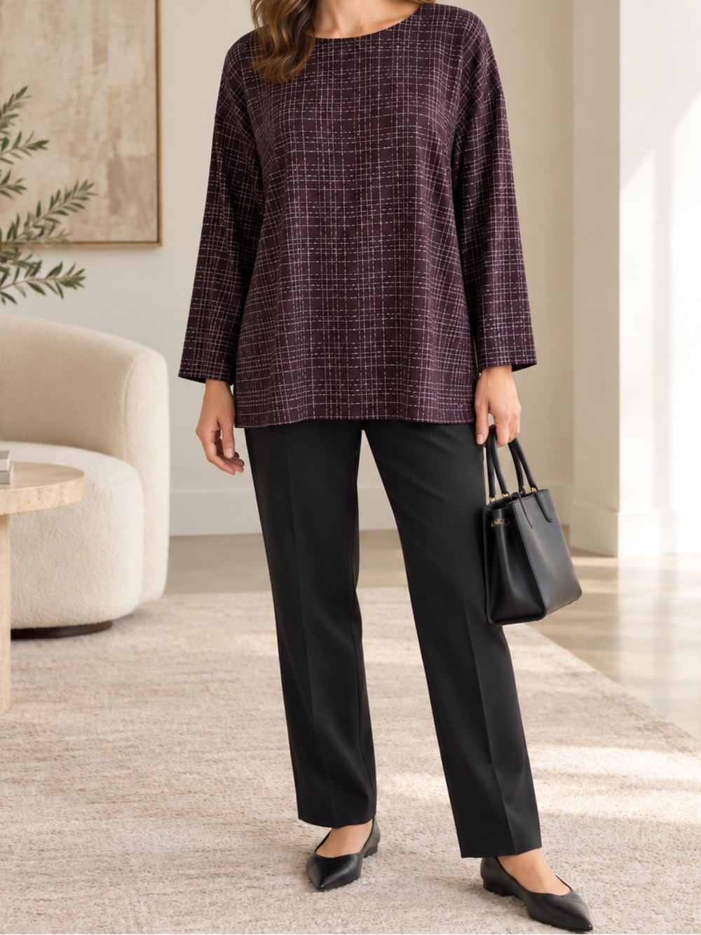Eileen Fisher Silk Stretch Grid Print Tunic Blouse Purple L